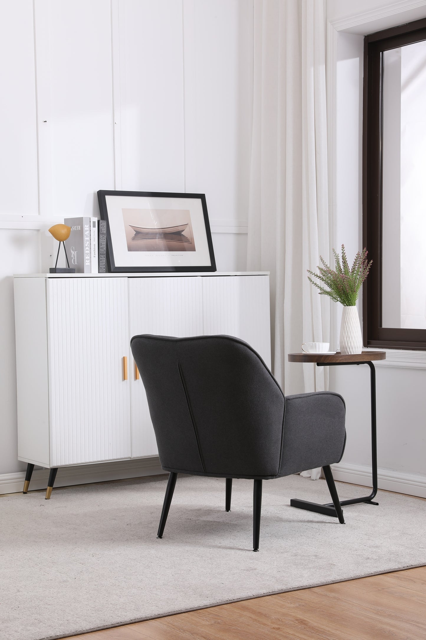 Modern Mid Century Chair velvet Sherpa Armchair for Living Room Bedroom Office Easy Assemble (Dark Grey)