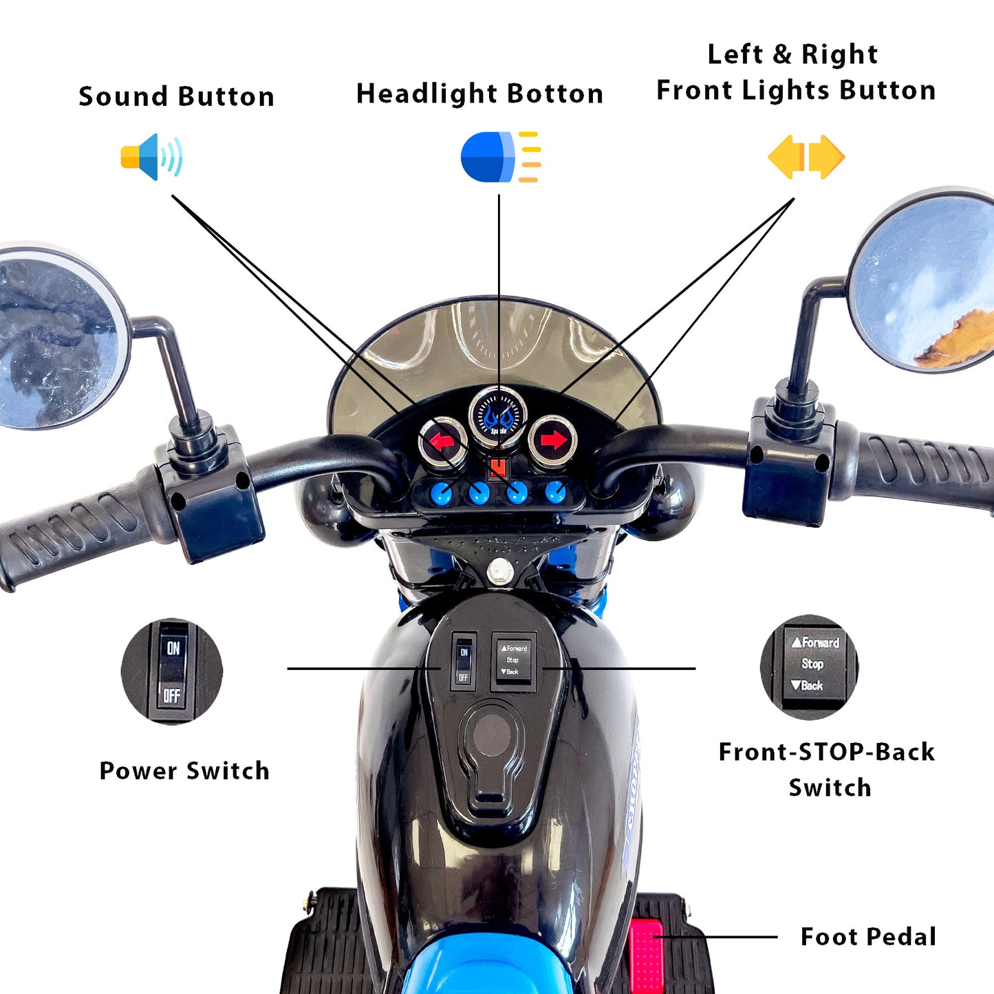 Kids Ride On Motorcycle Toy, 3-Wheel Chopper Motorbike with LED Colorful Headlights, Blue Riding on Electric Battery Powered Harley Motorcycle for Boys Girls
