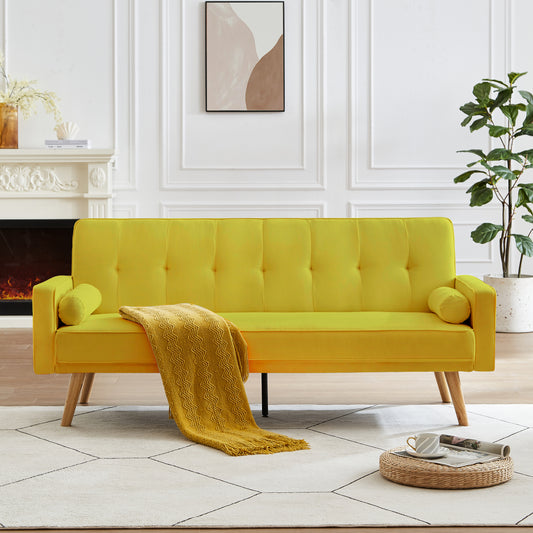 Mid-Century Yellow Linen Fabric Chesterfield Sofa Couch, Modern Love Seats Sofa Furniture, Upholstered Button Tufted Couch with 2 Bolster Pillows for Living Room Apartment