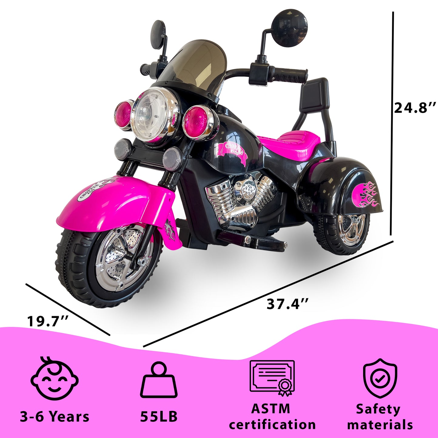 Kids Ride On Motorcycle Toy, 3-Wheel Chopper Motorbike with LED Colorful Headlights Horn, Pink 6V Battery Powered Riding on Electric Harley Motorcycle for Boys Girls