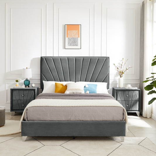 Full bed with two nightstands, Beautiful line stripe cushion headboard, strong wooden slats + metal legs with Electroplate