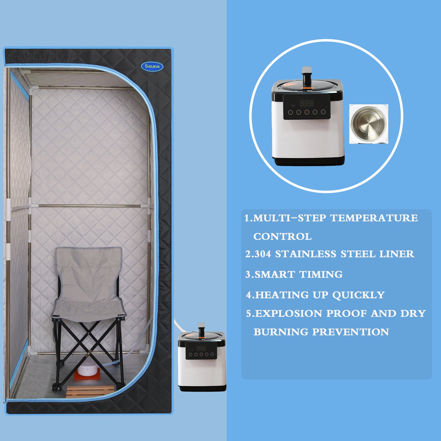 Portable Plus Type Full Size Steam Sauna tent. Spa, Detox, Therapy and Relaxation at home.Larger Space, Stainless Steel Pipes Connector Easy to Install, with FCC Certification--Black (Blue binding)