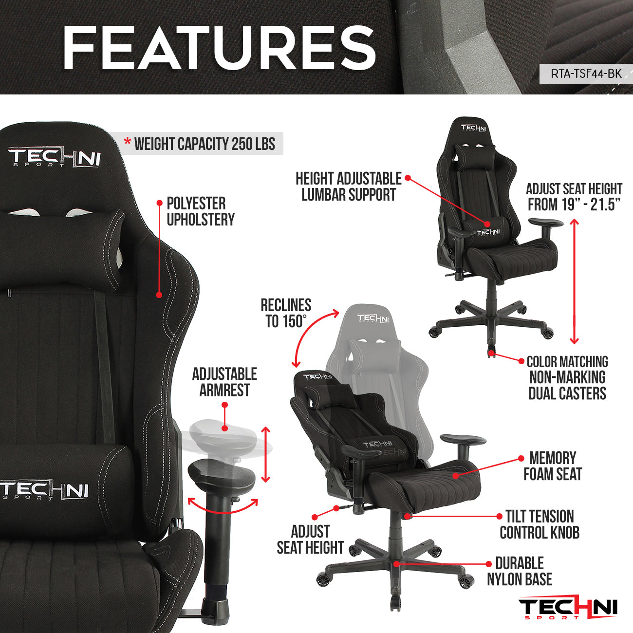 TS-F44 Fabric Ergonomic High Back Racer Style PC Gaming Chair, Black