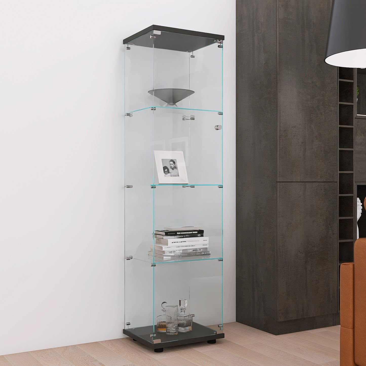 Glass Display Cabinet 4 Shelves with Door, Floor Standing Curio Bookshelf for Living Room Bedroom Office, 64.56"