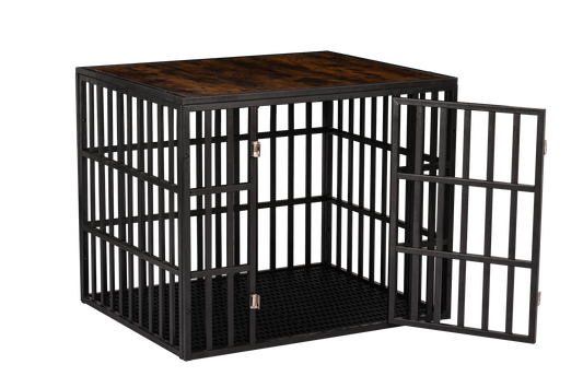 NEW HEAVY DUTY DOG CRATE FURNITURE FOR LARGE DOGS WOOD & STEEL DESIGN DOG CAGE INDOOR & OUTDOOR PET KENNEL 38X30X32INCH PET PLAYPEN WITH COVER METAL DOG FENCE CRATE BLACK
