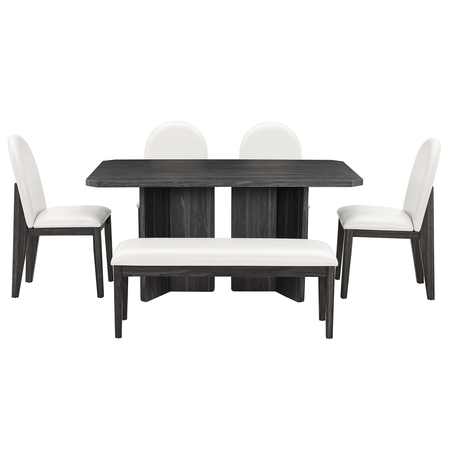 Modern 6 piece dinner set including dining table, dining chairs, 4 chairs and a bench, 60 inch dining table easy to assemble