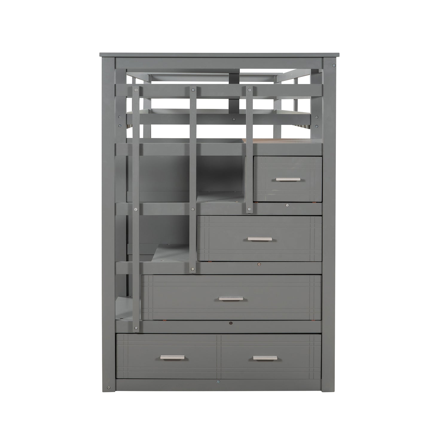 Solid Wood Bunk Bed, Hardwood Twin Over Twin Bunk Bed with Trundle and Staircase, Natural Gray Finish