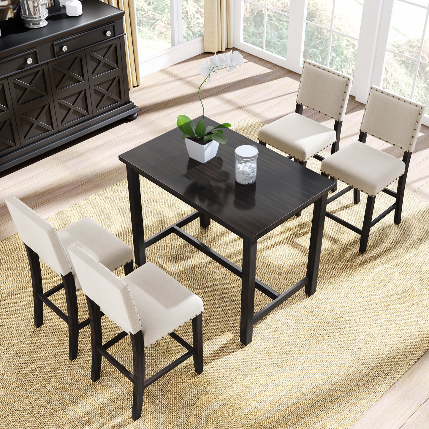 5 Piece Rustic Wooden Counter Height Dining Table Set with 4 Upholstered Chairs for Small Places, Espresso+ Beige