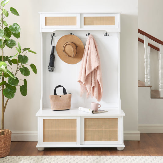 Casual Style Hall Tree Entryway Bench with Rattan Door Shelves and Shoe Cabinets, SOLID WOOD Feet, White, 40.16"W*18.58"D*64.17"H