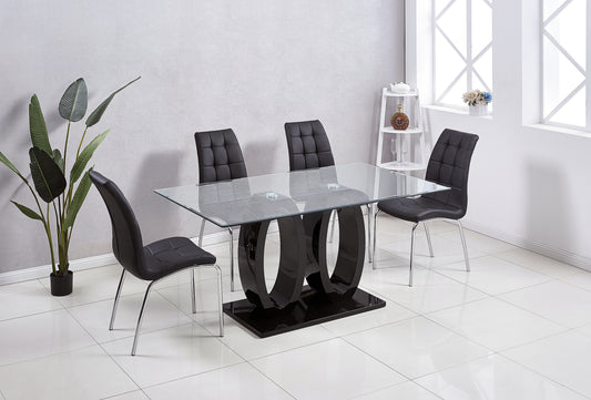 Contemporary Tempered Glass Top Double Pedestal Dining Table, size 63" x 35.4" x 29.5" (Black or White)