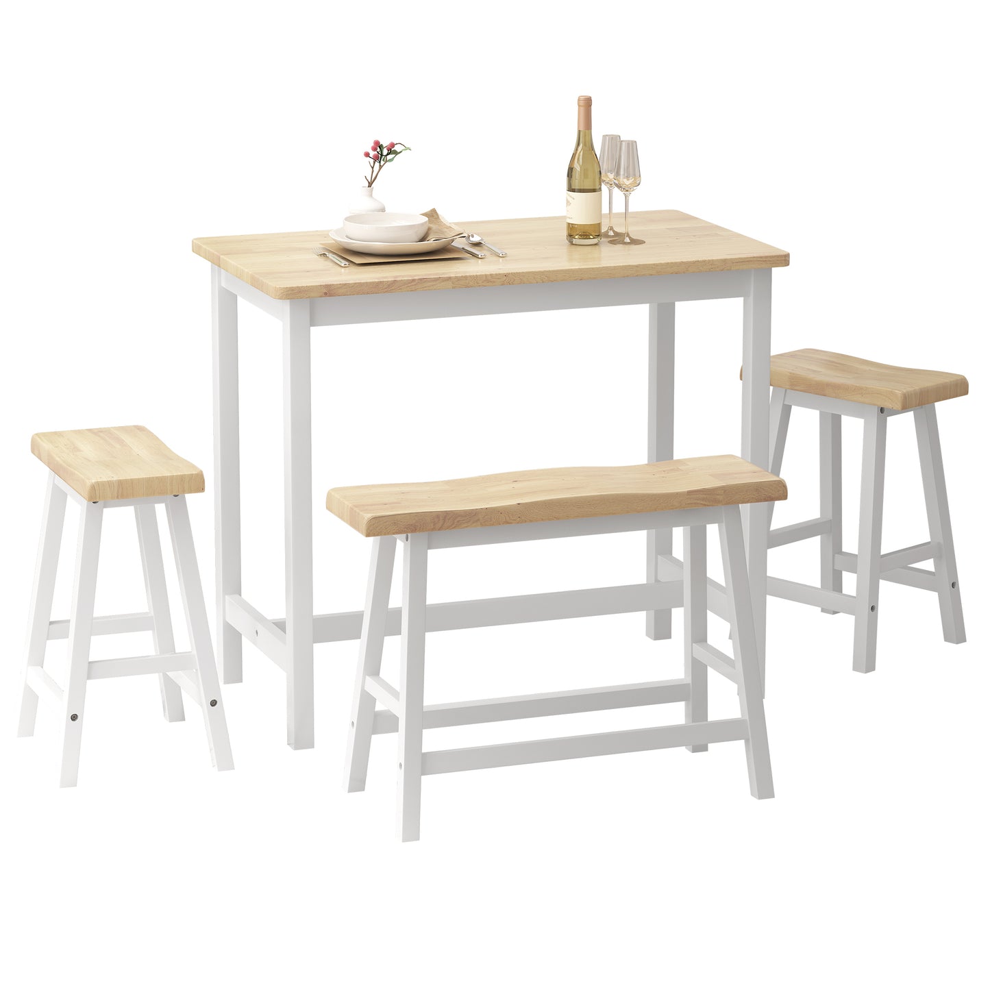 Modern Bar Dining Table Set for 4 All Rubber Wood Kitchen Bistro Counter Height Table Bench Stool for Dining Room Small Space Natural Color & White