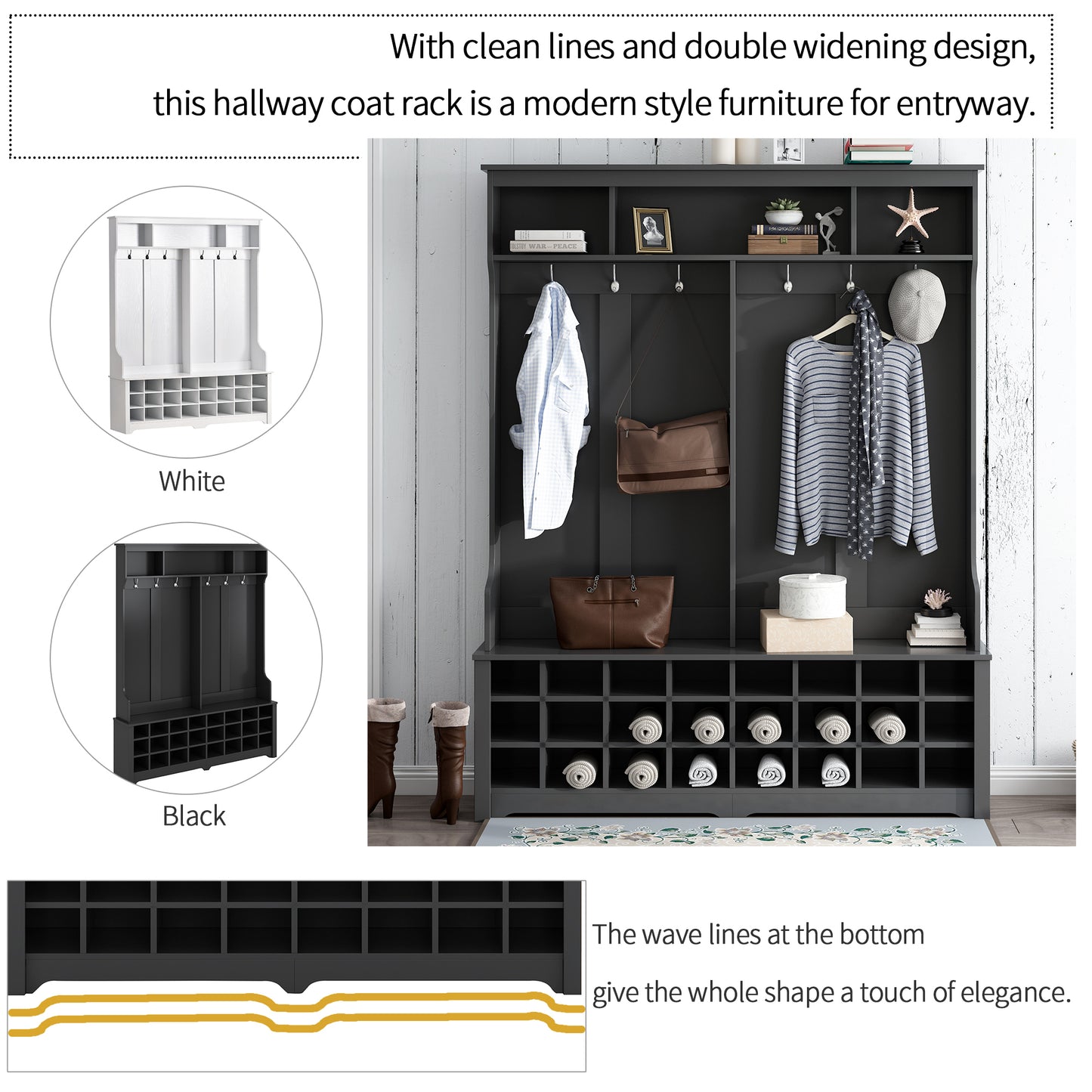 Modern Style Multiple Functions Hallway Coat Rack with Metal Black Hooks, Entryway Bench 60" Wide Hall Tree with Ample Storage Space and 24 Shoe Cubbies, Black