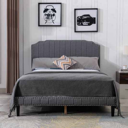 DongHeng Full Size Bed with Headboard, Modern Linen Curved Upholstered Platform Bed, Solid Wood Frame, Nailhead Trim, Gray