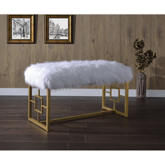 Bagley II Bench in White Faux Fur & Gold