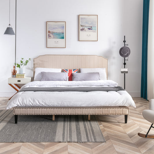 DongHeng King Size Bed with Headboard, Modern Linen Curved Upholstered Platform Bed, Solid Wood Frame, Nailhead Trim, Beige
