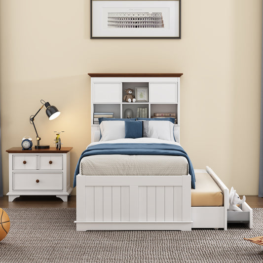 2 Pieces Wooden Captain Bedroom Set Twin Bed with Trundle and Nightstand,White+Walnut