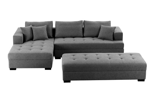 111" Tufted Fabric 3-Seat L-Shape Sectional Sofa Couch Set w/Chaise Lounge, Ottoman Coffee Table Bench, Dark Grey