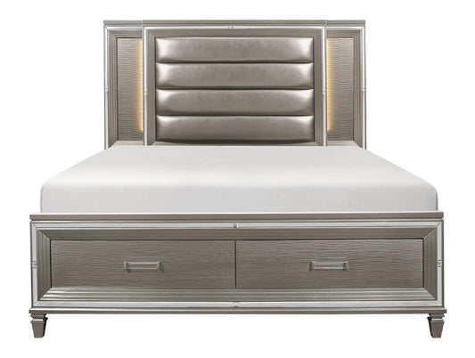 Modern Bedroom Furniture 1pc Queen Platform Bed Footboard Storage Upholstered LED Headboard Silver-Gray Metallic Finish