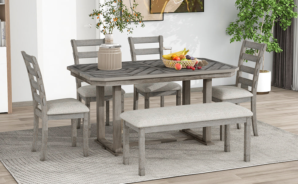 6-Piece Rubber Wood Dining Table Set with Beautiful Wood Grain Pattern Tabletop Solid Wood Veneer and Soft Cushion (Gray)