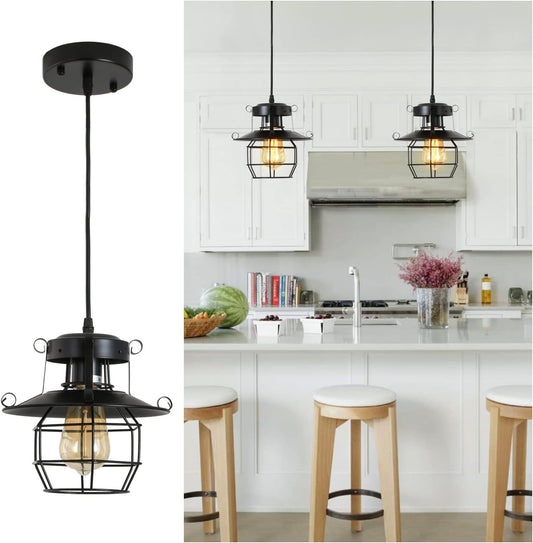 DGY Vintage Farmhouse Pendant Light Rustic Metal Caged Pendant Lights Black Cage Hanging Lamp for Kitchen Island Entryway Bedrooms Living Room Barn, Adjustable Height E26 Bulb Light)