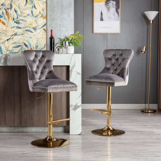 Swivel Bar Stools Chair Set of 2 Modern Adjustable Counter Height Bar Stools, Velvet Upholstered Stool with Tufted High Back & Ring Pull for Kitchen, Chrome Golden Base, Grey