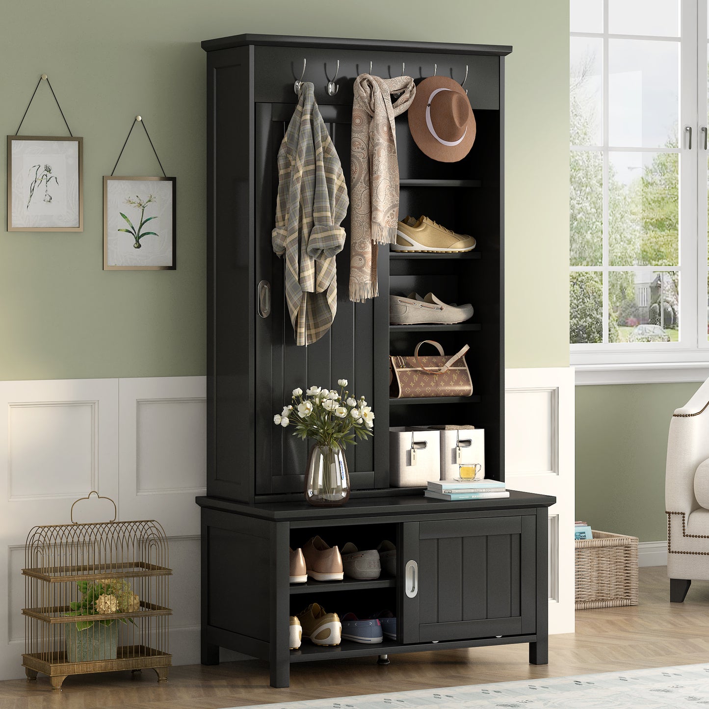 Multifunctional Hall Tree with Sliding Doors, Wooden Hallway Shoe Cabinet with Storage Bench and Shelves, Mudroom Coat Storage with Hanging Hooks for Entryways, Black