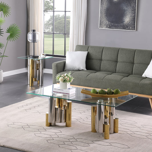 Stainless Steel Rectangular Accent Glass Coffee Table for Living Room- 48" Modern Sleek Center Table Table with Clear Tempered Glass