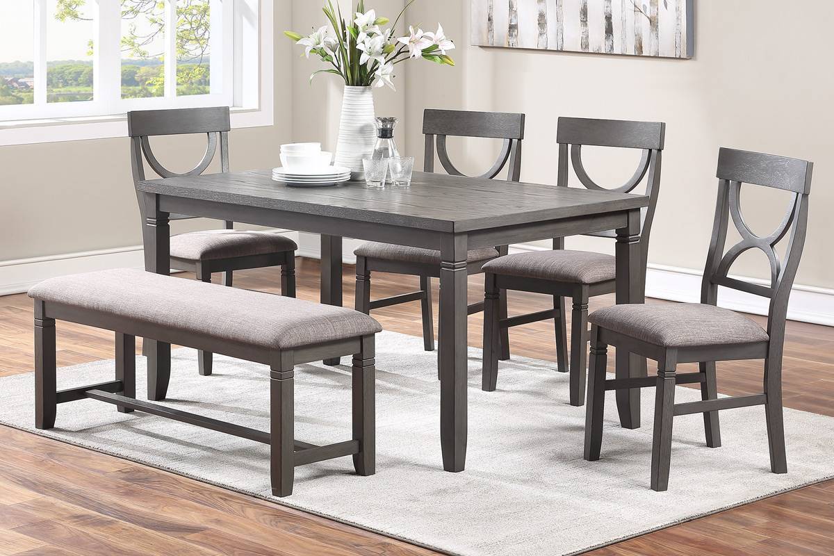 Dining Room Furniture 6pc Set Rectangle Table 4x Side Chairs and A Bench Grey Finish MDF Rubberwood