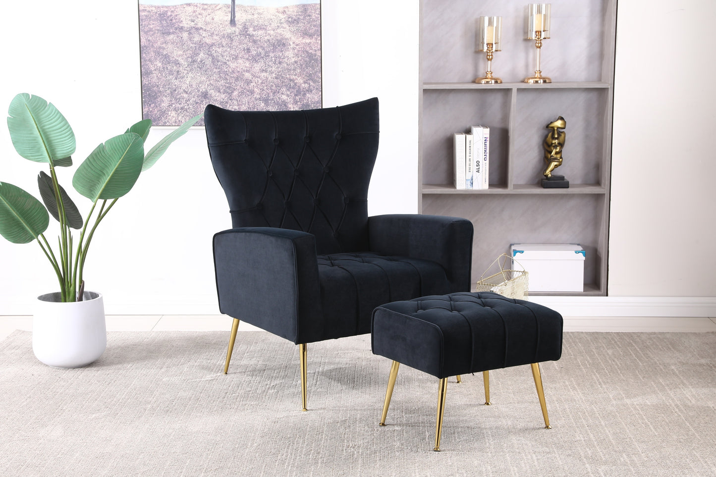 Modern Accent Chair with Ottoman, Comfy Armchair for Living Room, Bedroom, Apartment, Office (Black)
