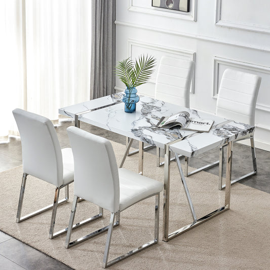 5-piece Dining Table Chairs Set, Rectangular Dining Room Table Set for 4, Faux Marble Modern Dining Table and Faux Leather Chairs for Kitchen Dining Room, White