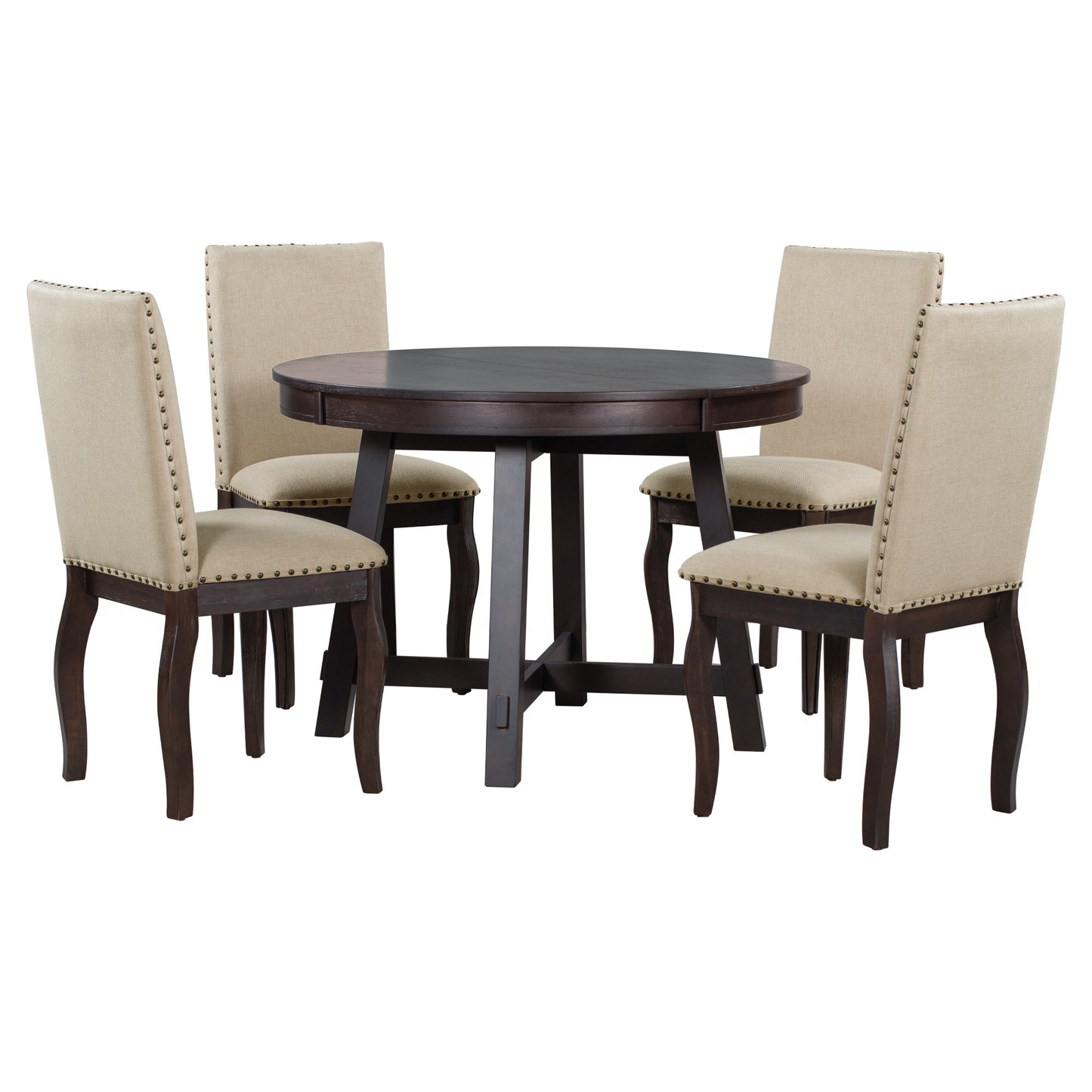 5-Piece Farmhouse Dining Table Set Wood Round Extendable Dining Table and 4 Upholstered Dining Chairs (Espresso)