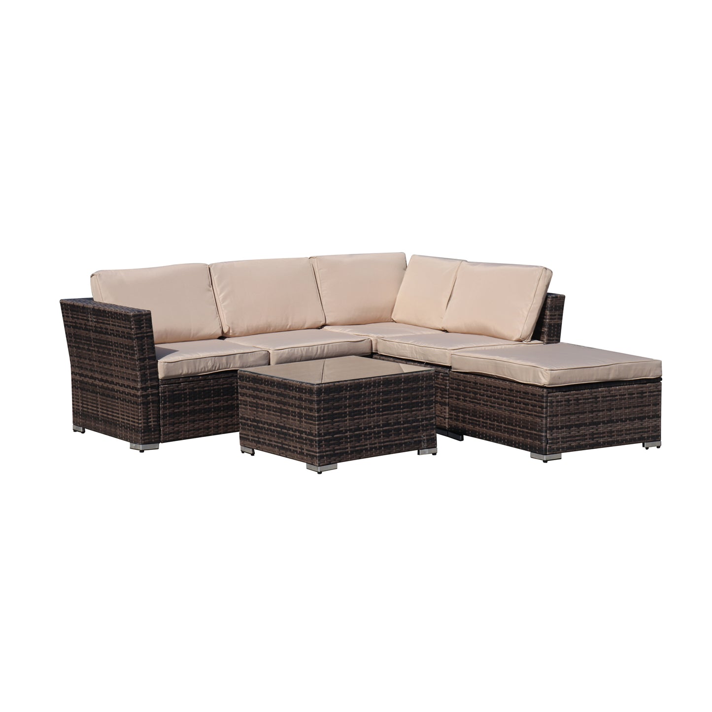 4-Piece Patio Wicker Furniture Set Outdoor Rattan Sectional Sofa, All-Weather Brown Wicker Rattan Chair with Tempered Glass Table