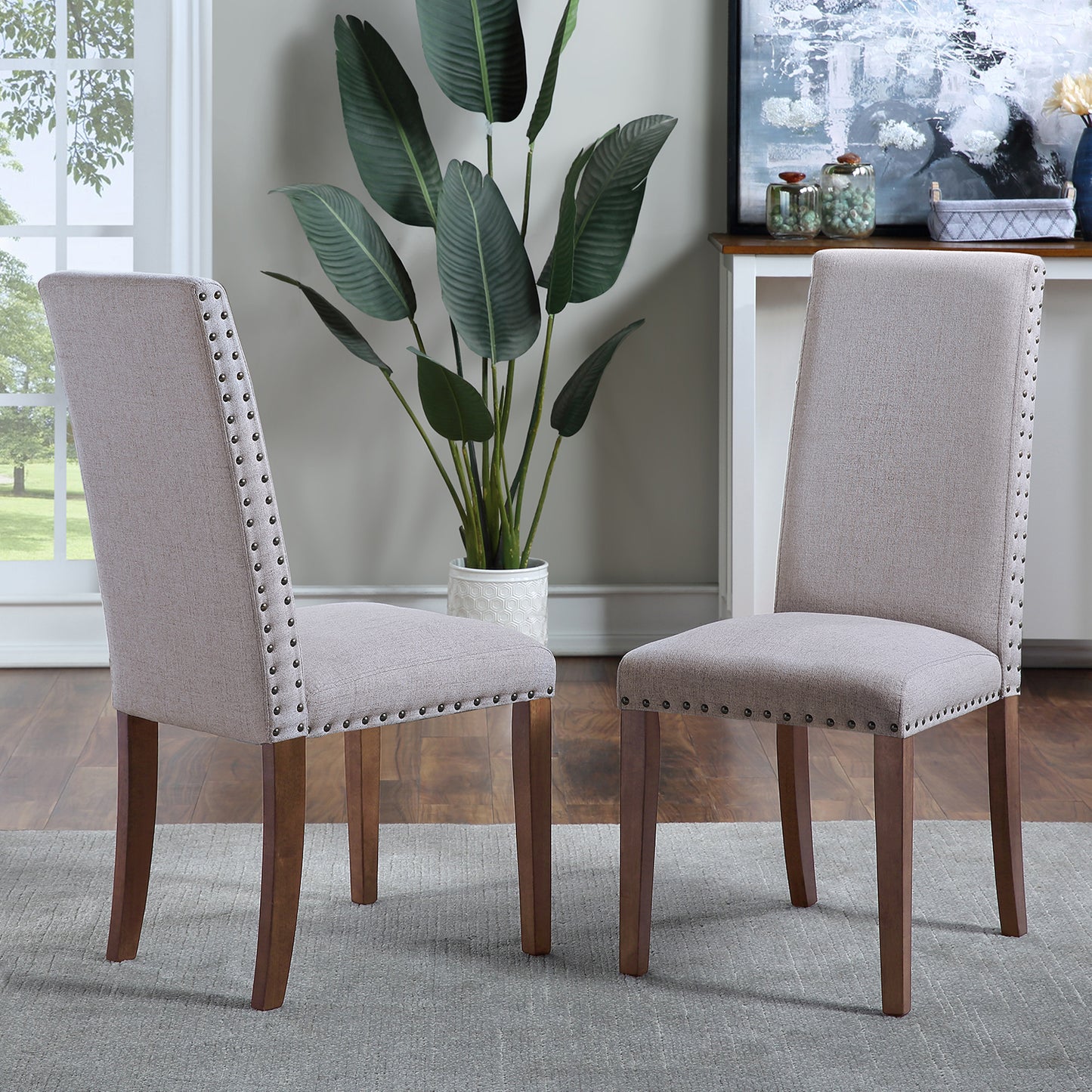 Upholstered Dining Chairs - Dining Chairs Set of 2 Fabric Dining Chairs with Copper Nails