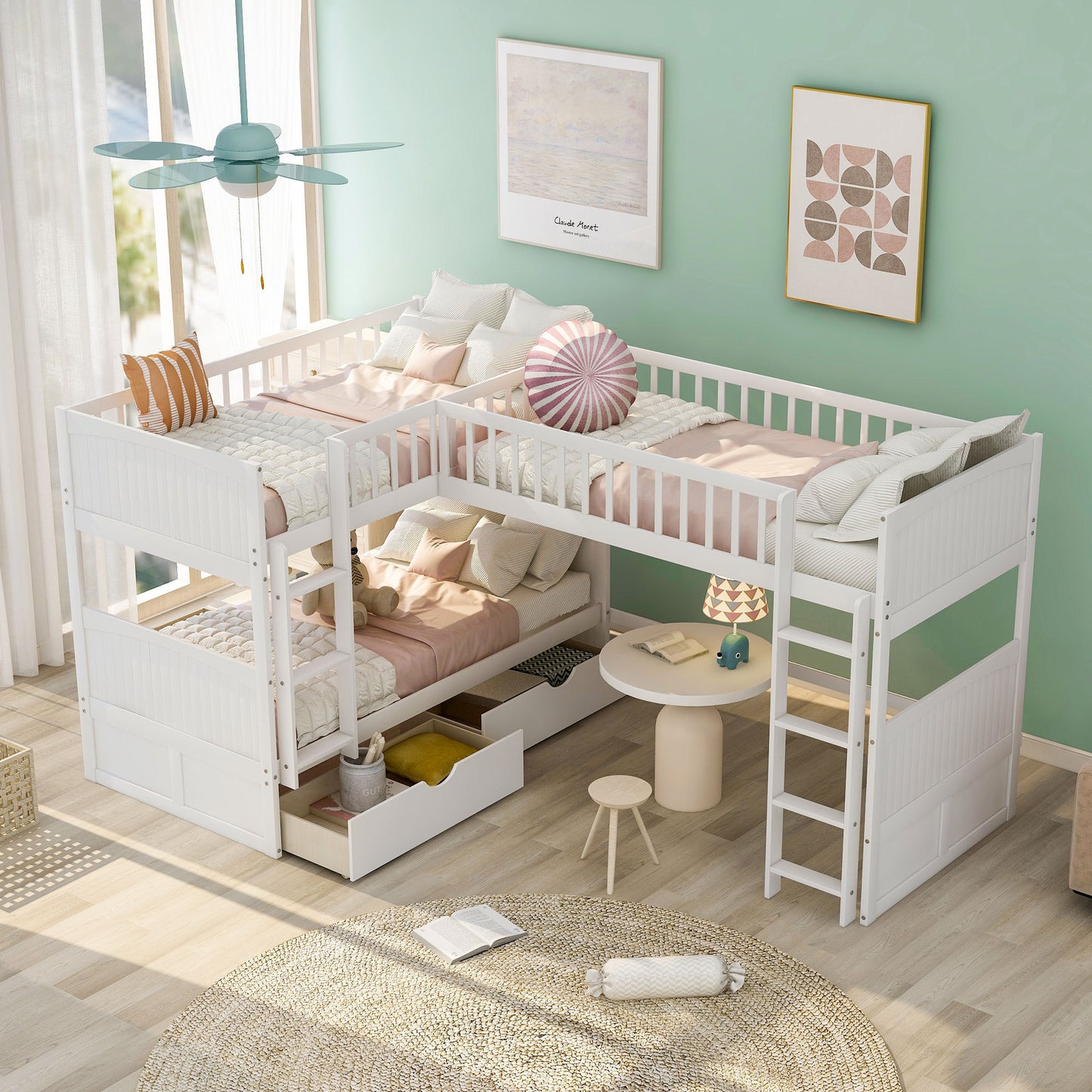 Twin Size Bunk Bed with a Loft Bed attached, with Two Drawers, White