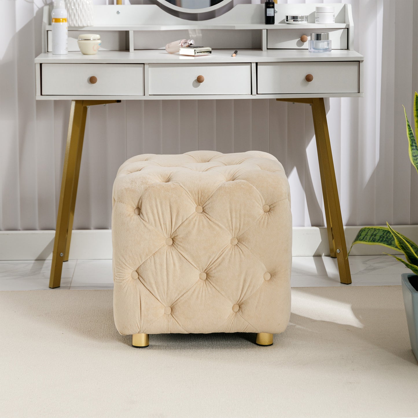 Beige Modern Velvet Upholstered Ottoman, Exquisite Small End Table, Soft Foot Stool, Dressing Makeup Chair, Comfortable Seat for Living Room, Bedroom, Entrance