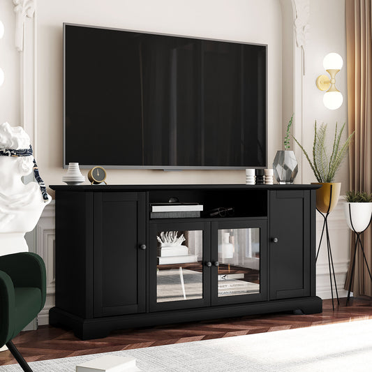 U-Can TV Stand for TV up to 65in with 2 Tempered Glass Doors Adjustable Panels Open Style Cabinet, Sideboard for Living room, Black