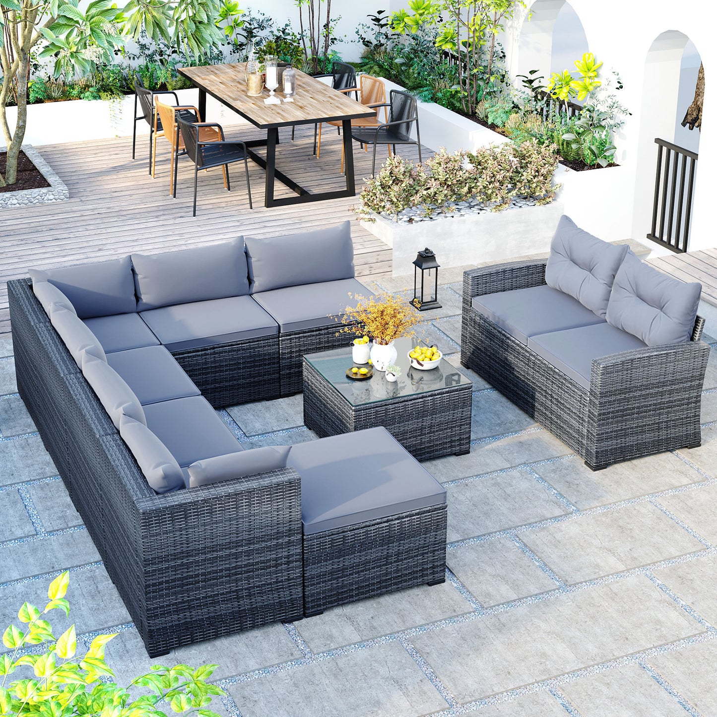 9-piece Outdoor Patio Large Wicker Sofa Set, Rattan Sofa set for Garden, Backyard, Porch and Poolside, Gray wicker, Gray Cushion