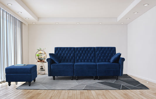 Redde Boo Blue Velvet Soft K/D Sofa And Stool With Storage, High Quality Classic Free Living Room Sectional Fabirc Sofa
