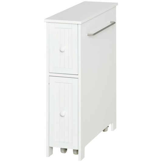kleankin Slim Bathroom Cabinet, Freestanding Storage Cabinet, Toilet Paper Holder with Two Drawers, Side Towel Rack, and Wheels, 7 x 20.5 x 24.75 Inches, White