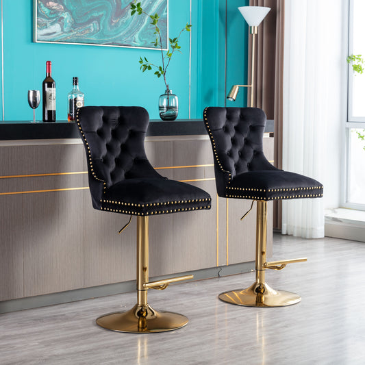 Swivel Bar Stools Chair Set of 2 Modern Adjustable Counter Height Bar Stools, Velvet Upholstered Stool with Tufted High Back & Ring Pull for Kitchen, Chrome Golden Base, Black