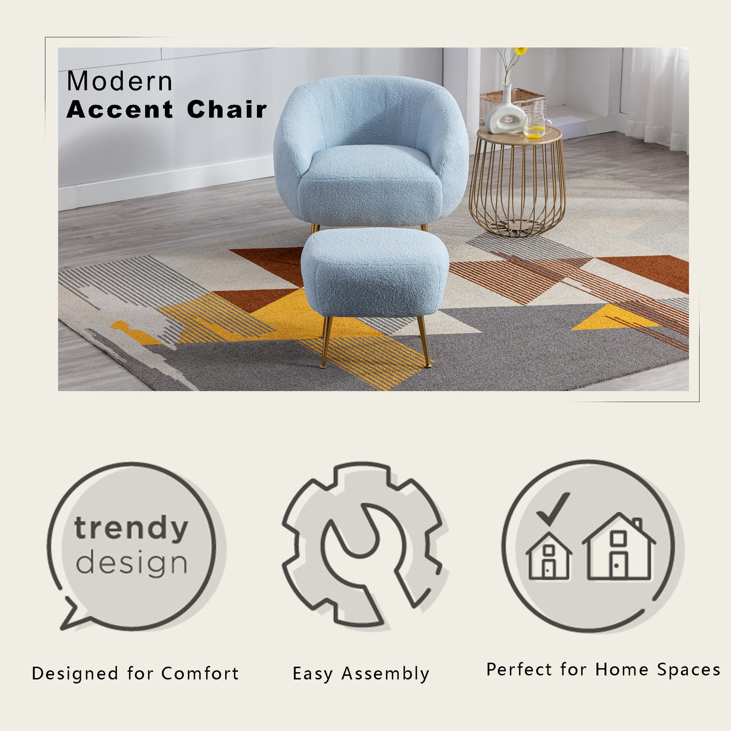 Modern Comfy Leisure Accent Chair, Teddy Short Plush Particle Velvet Armchair with Ottoman for Living Room