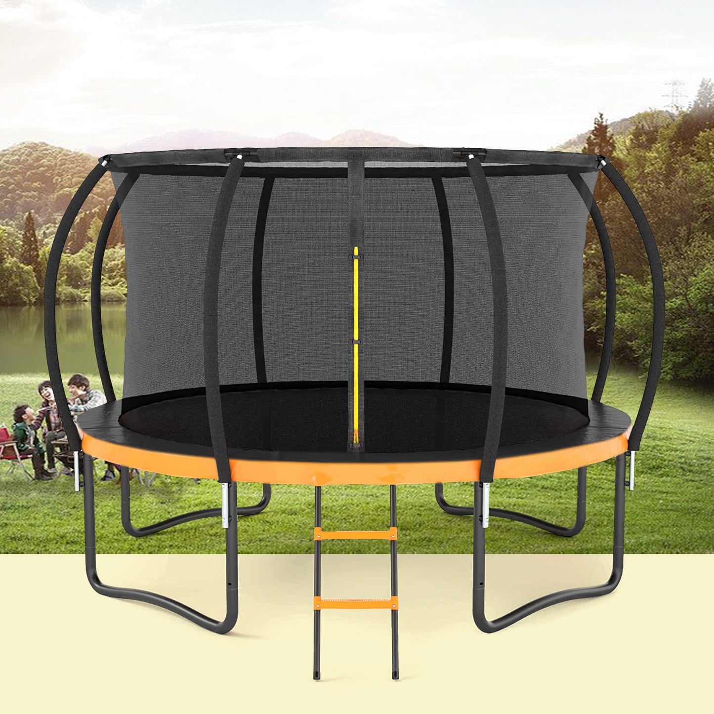 14FT Outdoor Big Trampoline With Inner Safety Enclosure Net, Ladder, PVC Spring Cover Padding, For Kids, Black&Orange Color
