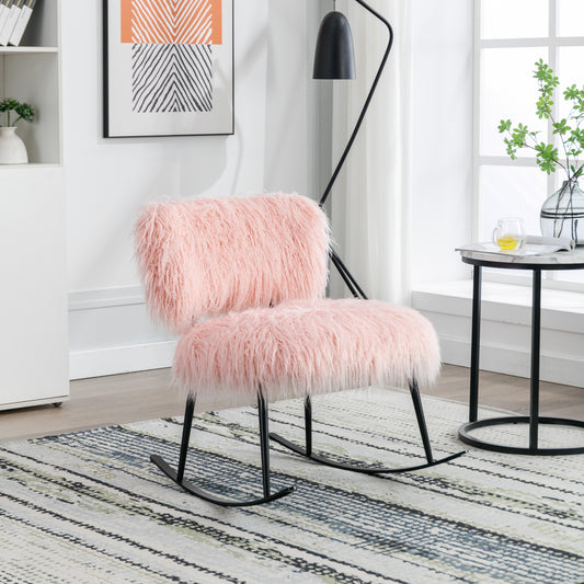 25.2" Wide Faux Fur Plush Nursery Rocking Chair, Baby Nursing Chair with Metal Rocker, Fluffy Upholstered Glider Chair, Comfy Mid Century Modern Chair for Living Room, Bedroom (Pink)