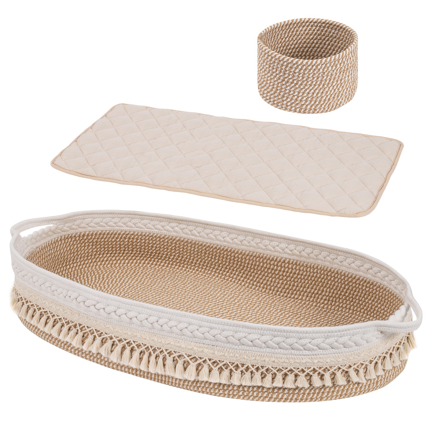 Baby Changing Basket, Handmade Woven Cotton Rope Moses Basket, Changing Table Topper with Mattress Pad (Beige&Brown)