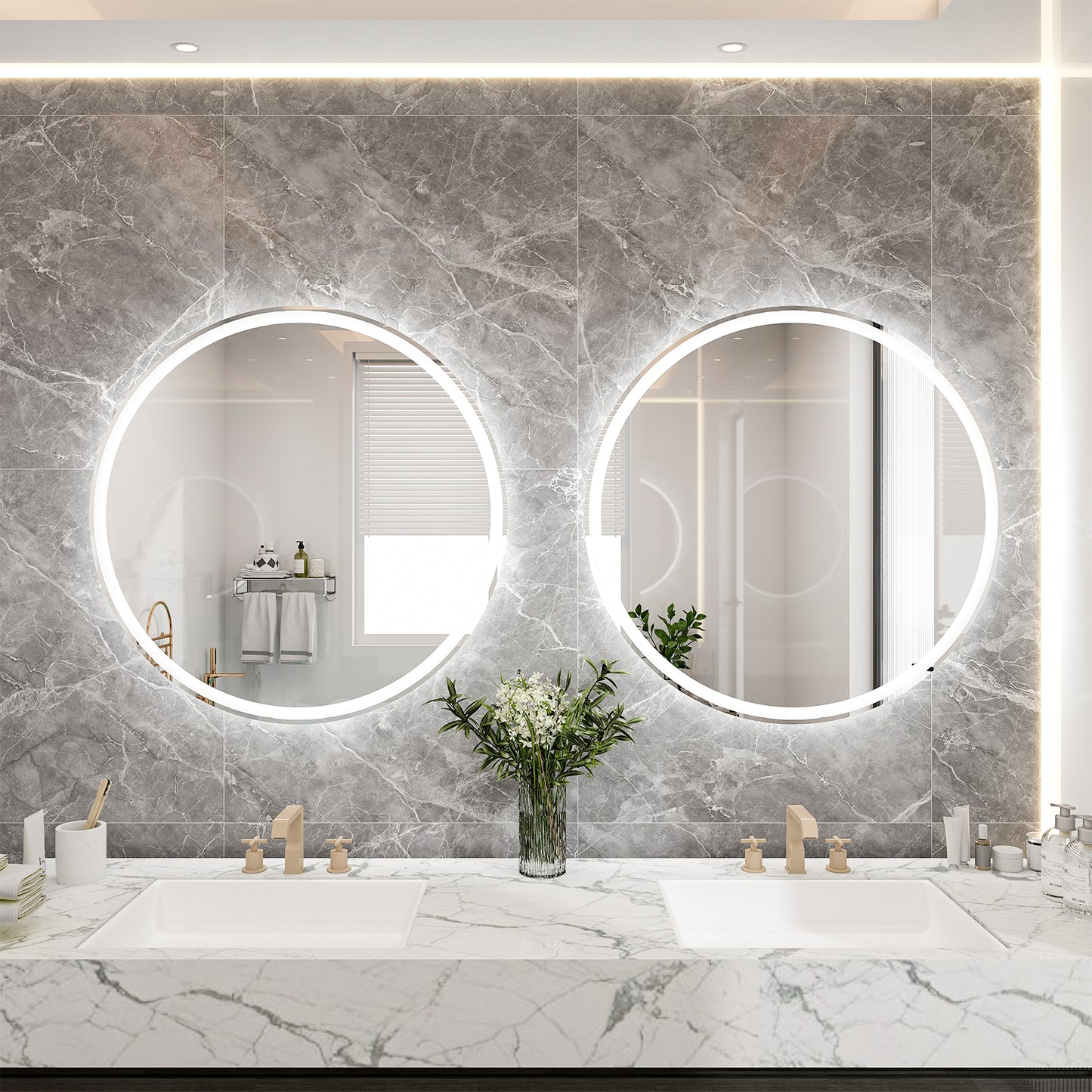 24 Inch Round Backlit Bathroom Mirror, LED round mirror with lighting strip, waterproof LED strip with adjustable 3-color and dimmable lighting,Touch Control, Vanity Mirror