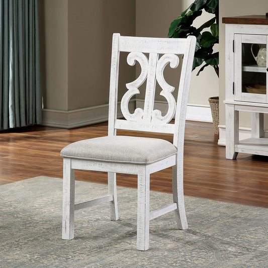 Lavish Design Distressed White 2pcs Dining Chairs Only, Gray Padded Fabric Seat Dining Room Kitchen Furniture Solid wood decorative Back