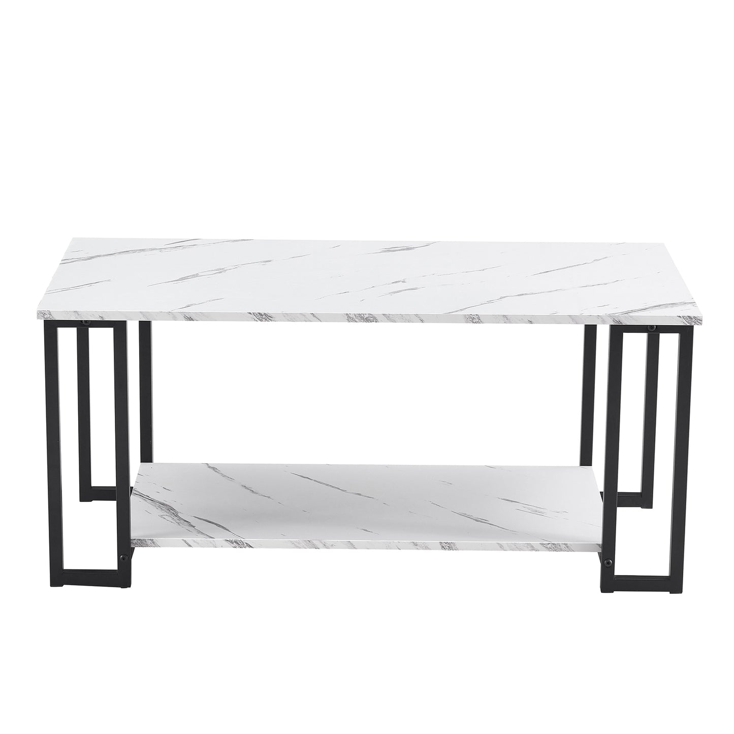 Coffee Table, 2 Layers 1.5cm Thick Marble MDF Rectangle 39.37" L Tabletop Iron Coffee Table, Dining Room, Coffee Shop, Resterant, White Top, Black Leg