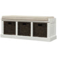 Rustic Storage Bench with 3 Removable Classic Rattan Basket, Entryway Bench Storage Bench with Removable Cushion (White)