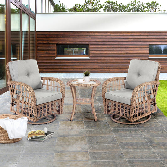 3 Pieces Outdoor Wicker Swive Rocking Chair Set, Patio Bistro Sets with 2 Rattan Rocker Chairs and Glass Coffee Table for Backyard