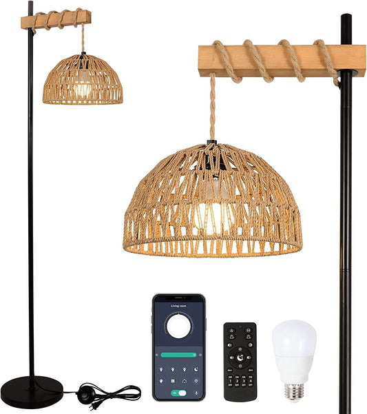 Smart Floor Lamp with Remote Control & APP, Tall Standing Lamp with Rattan Lampshade